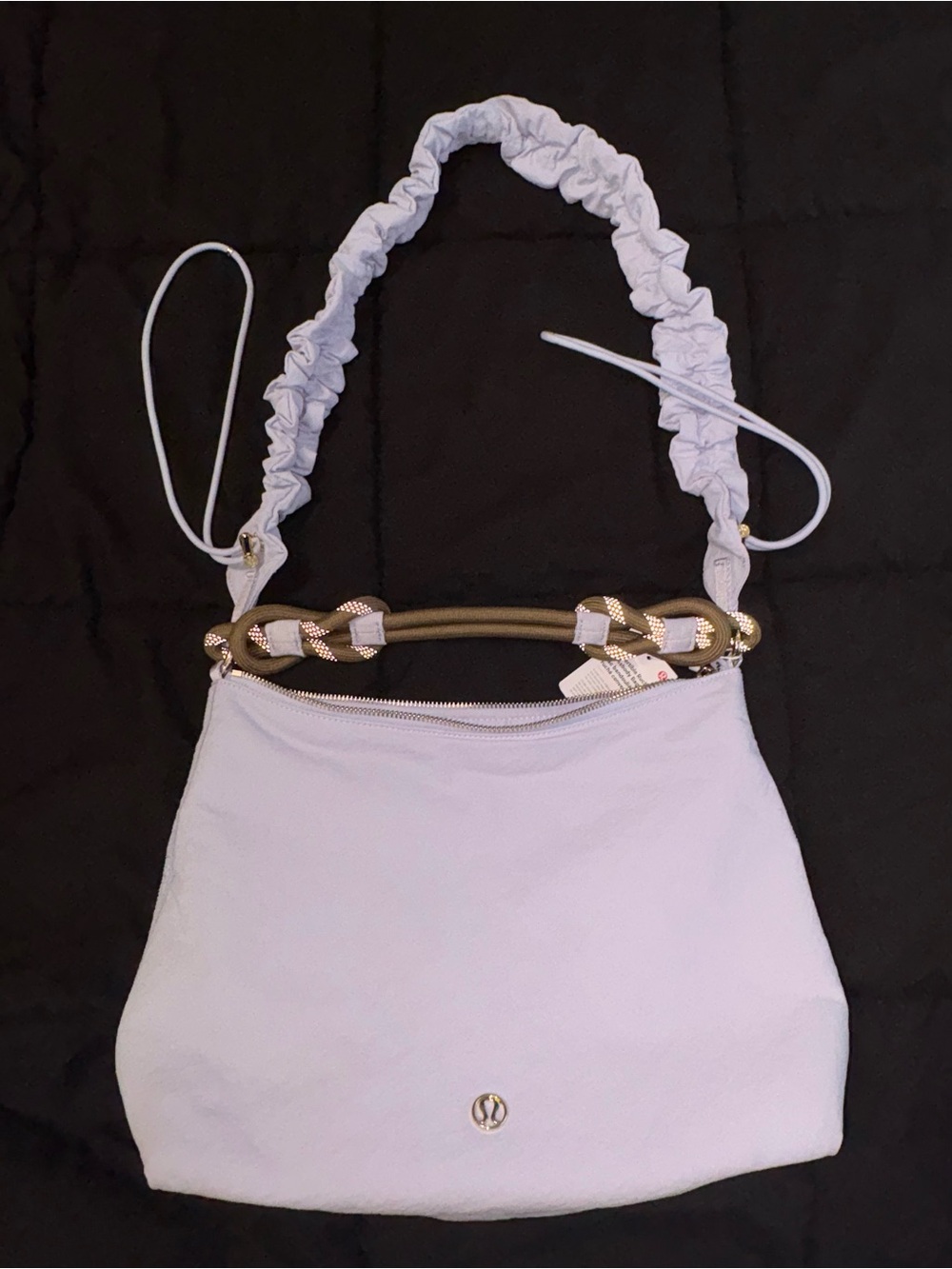 Lilac Lululemon Shoulder Bag with Ruched Strap and Gold Accent